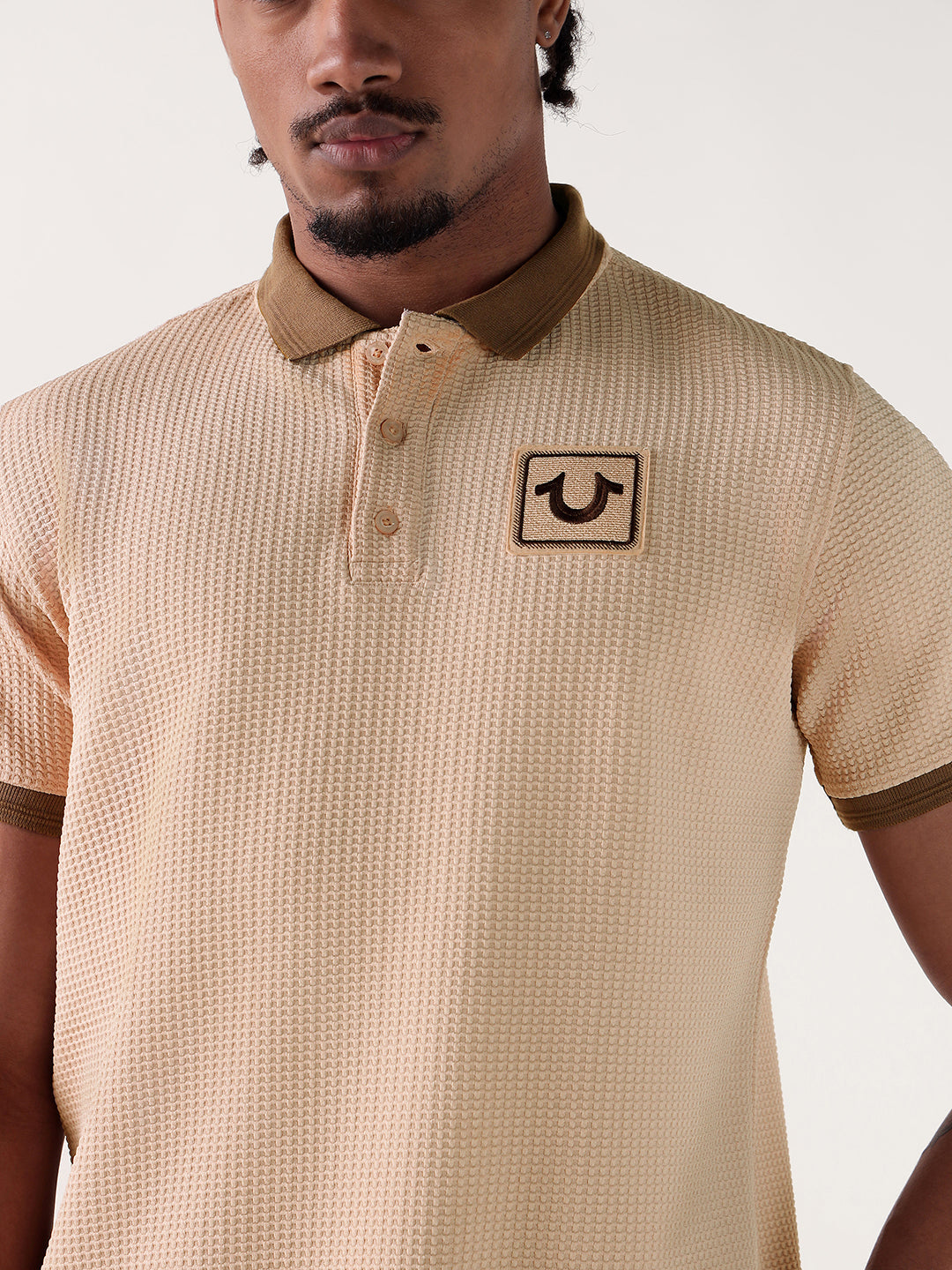 TRUE RELIGION Men Beige Textured Regular Fit Polo T-Shirt