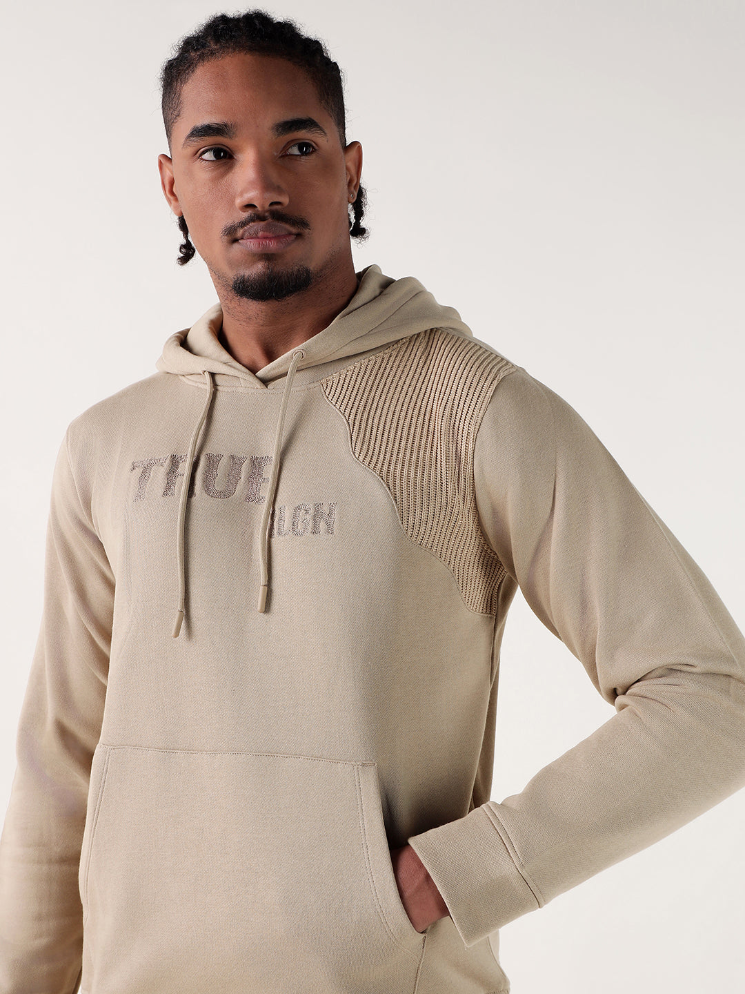 TRUE RELIGION Men Beige Embroiderery Regular Fit Hoodie