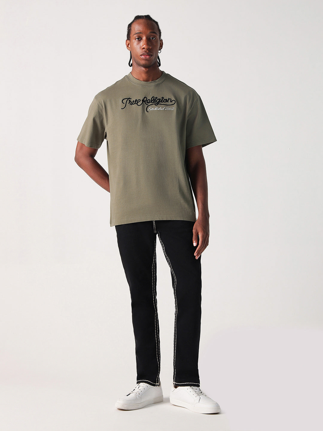 True Religion Men Green Solid Round Neck Tshirt