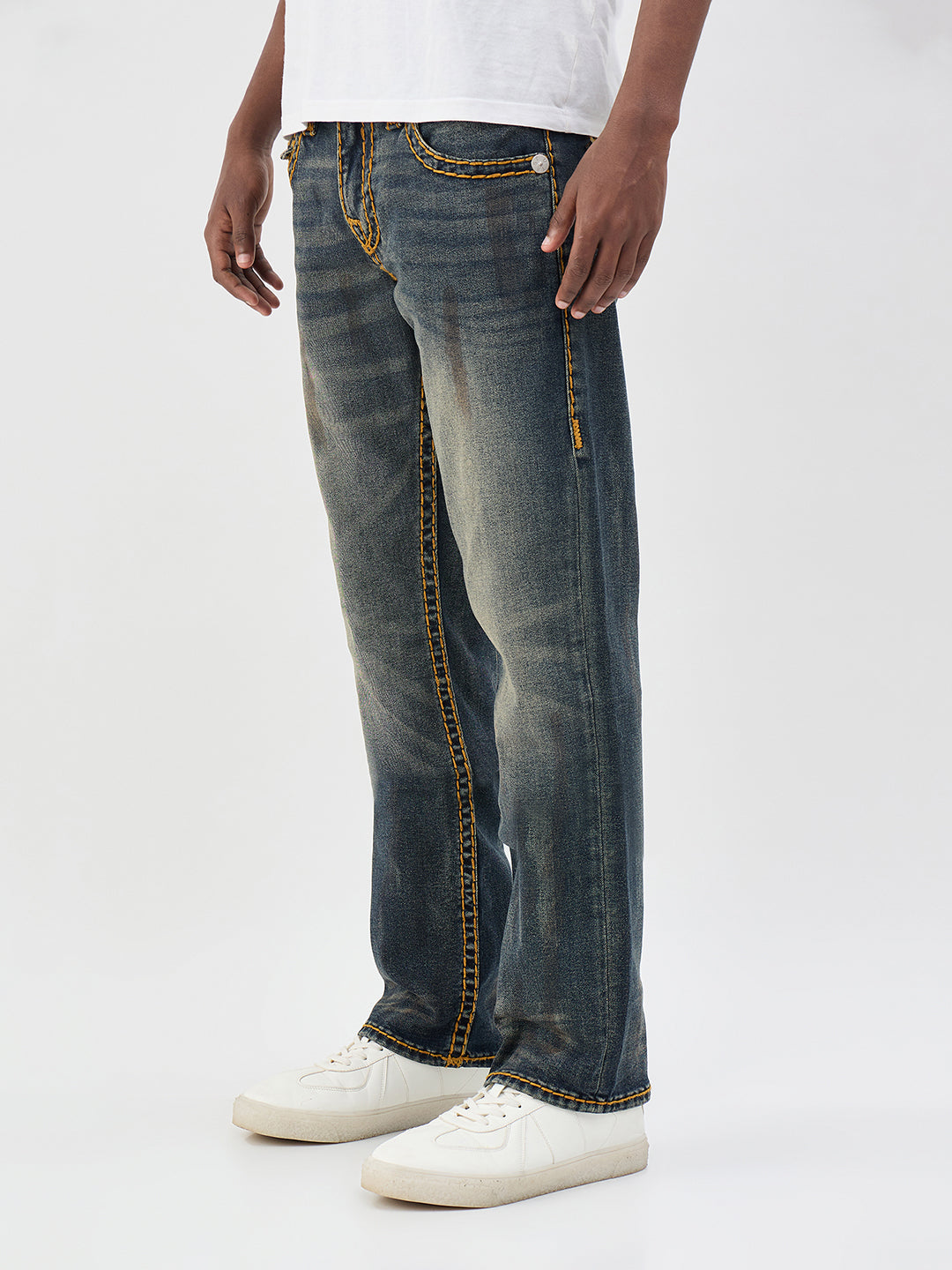 True Religion Men Dark Blue Solid Straight Fit Super T Ricky Jeans