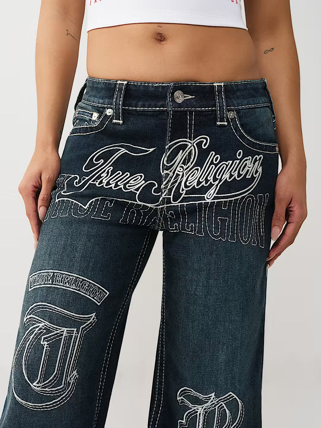 TRUE RELIGION Women Blue Bobby Big T Embroidered Jeans