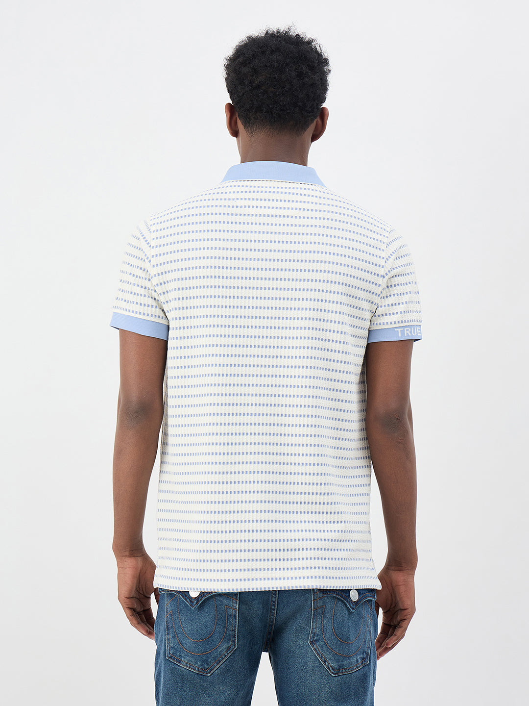 True Religion Men White Woven Design Regular Fit Polo T-Shirt