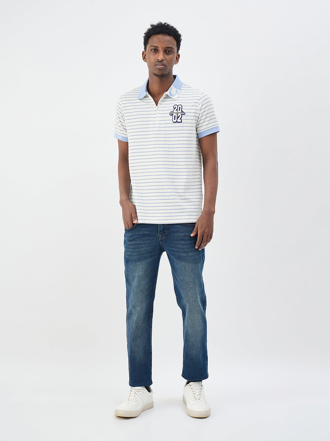 True Religion Men White Woven Design Regular Fit Polo T-Shirt