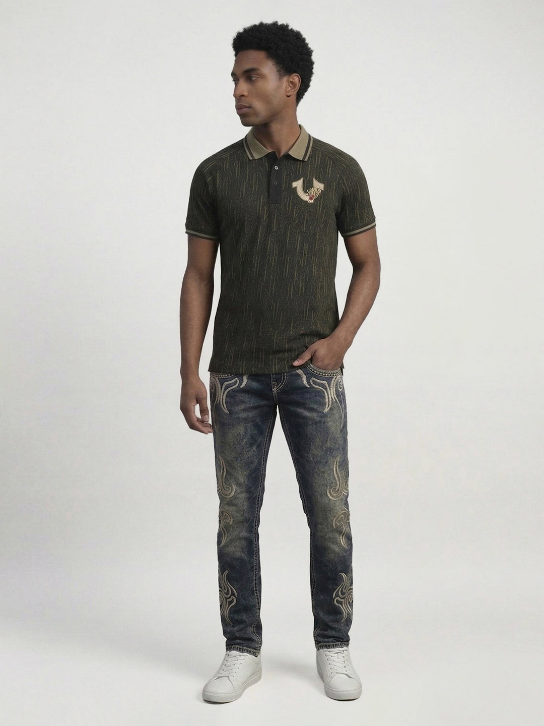 True Religion Men Green Abstract Regular Fit Polo T-Shirt