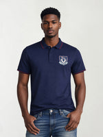 True Religion Men Navy Blue Solid Regular Fit Pure Cotton Polo T-Shirt