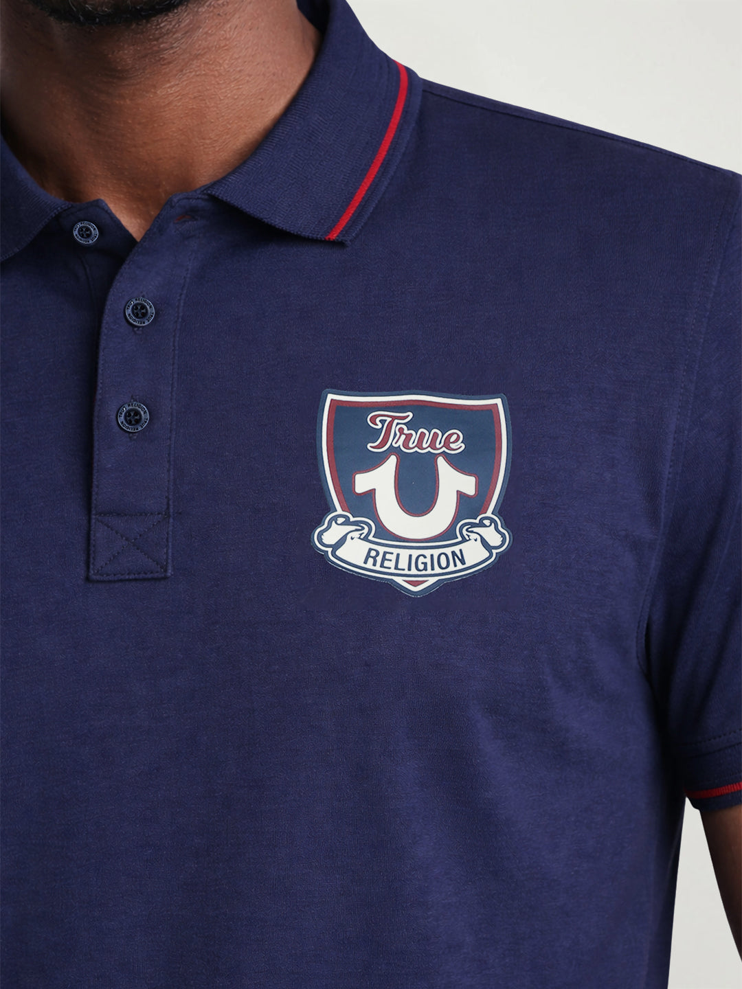 True Religion Men Navy Blue Solid Regular Fit Pure Cotton Polo T-Shirt
