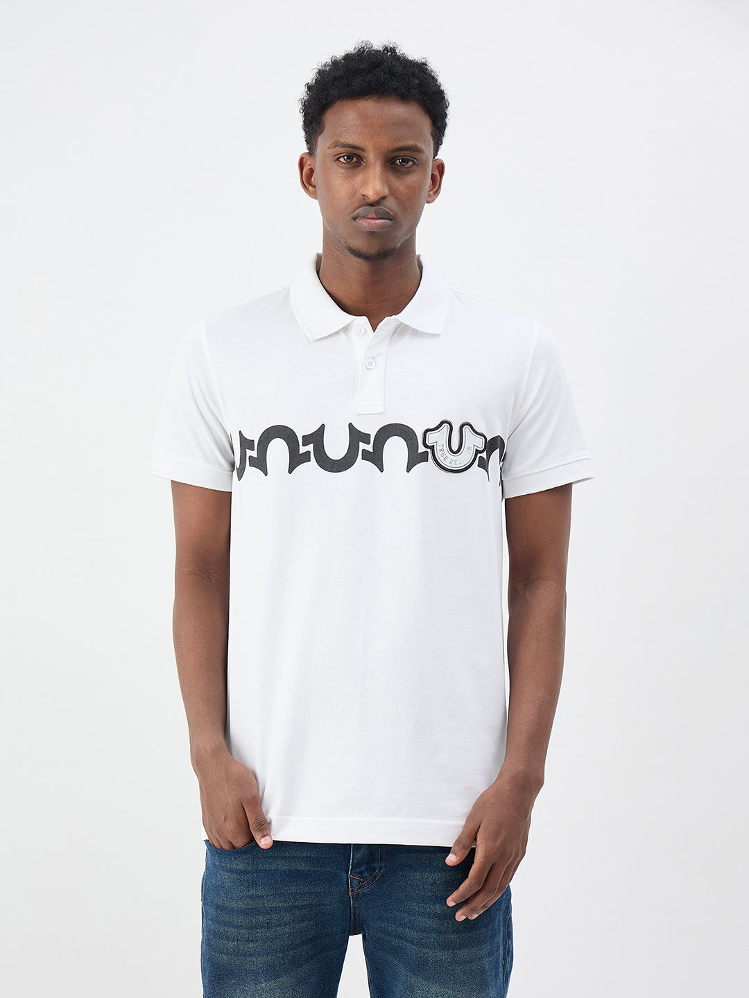 True Religion Men White Printed Regular Fit Pure Cotton Polo T-Shirt