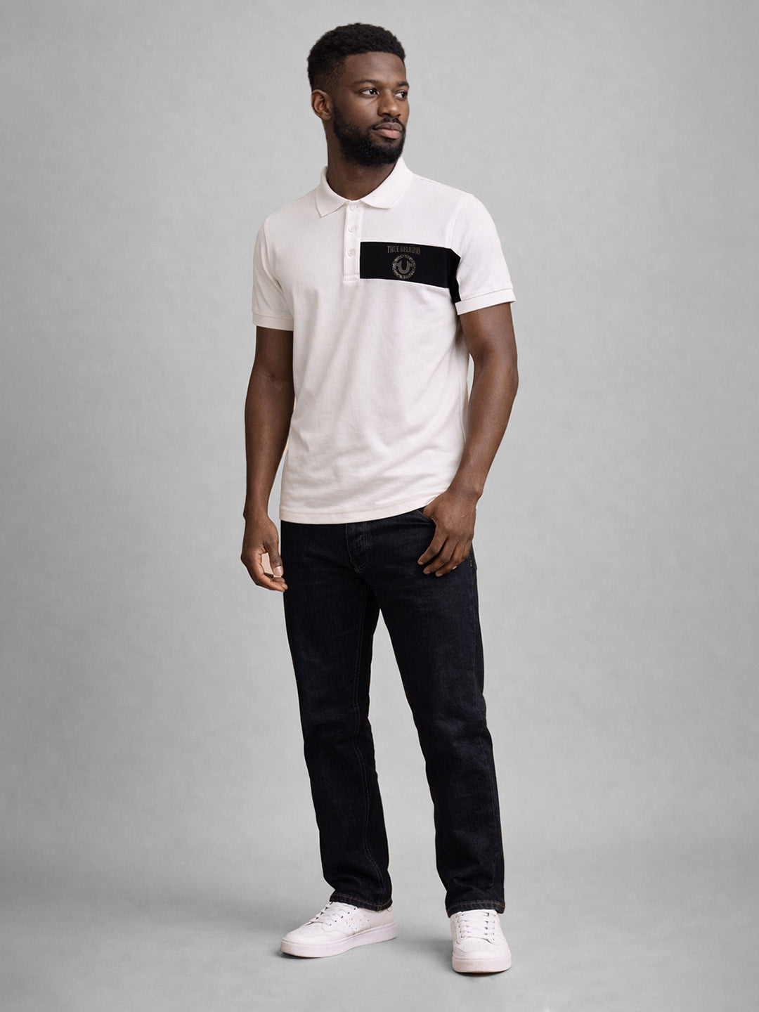 True Religion Men Cream Colorblock Regular Fit Polo T-Shirt