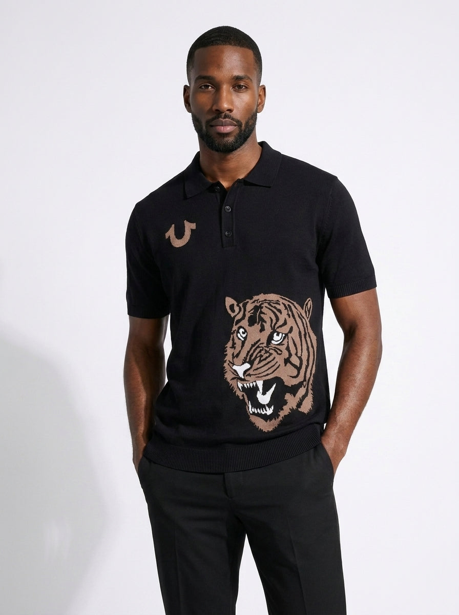 True Religion Men Black Embroidered Regular Fit Polo T-Shirt