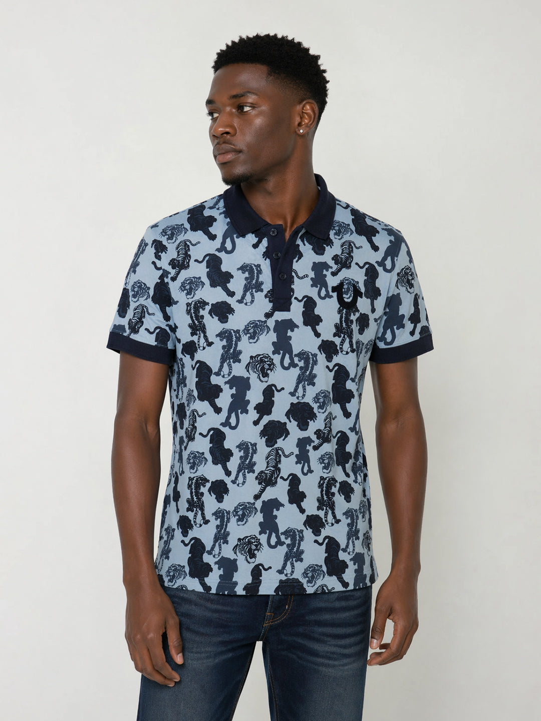 True Religion Men Blue Printed Regular Fit Polo T-Shirt