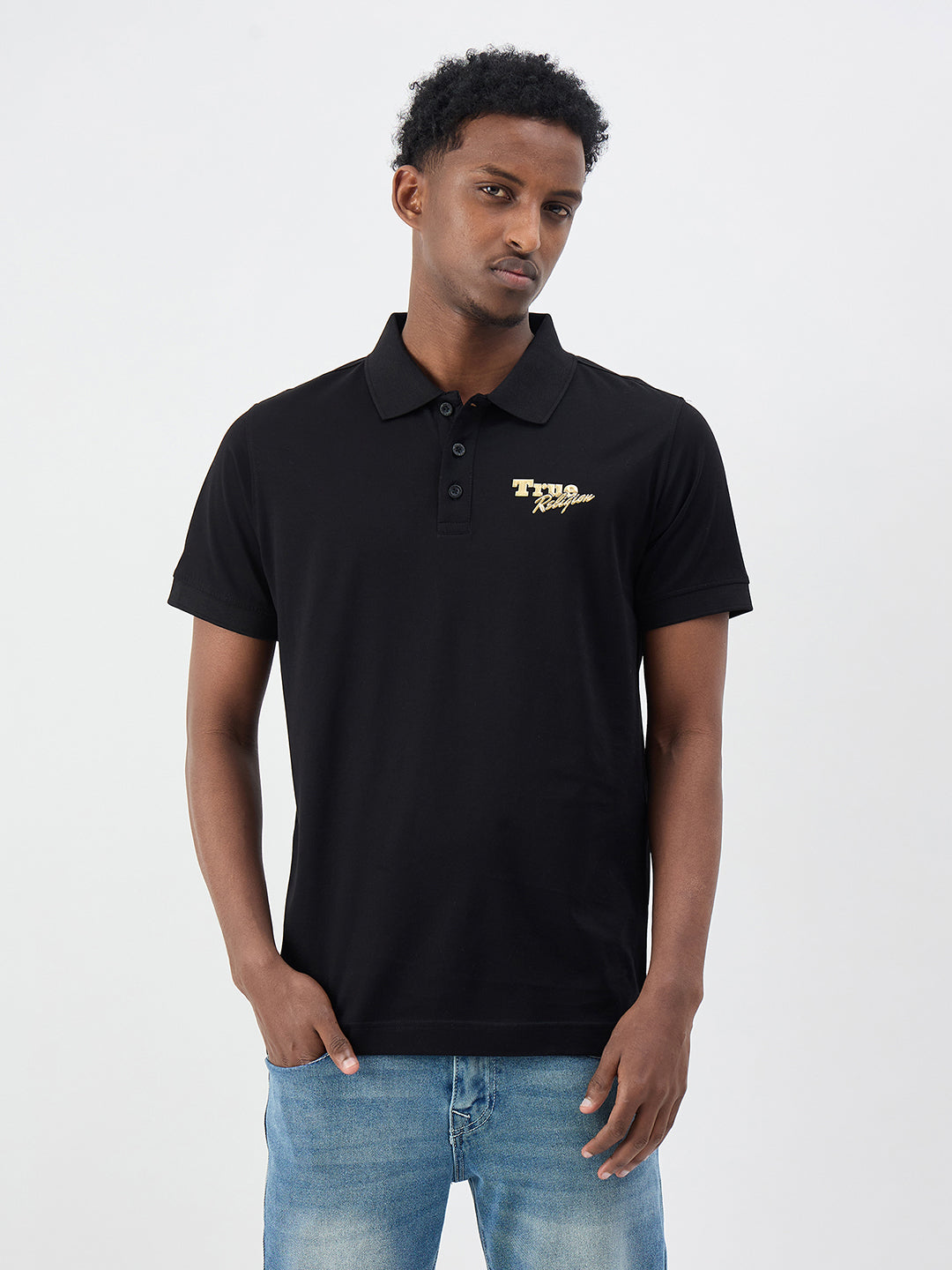 True Religion Men Black Solid Regular Fit Pure Cotton Polo T-Shirt