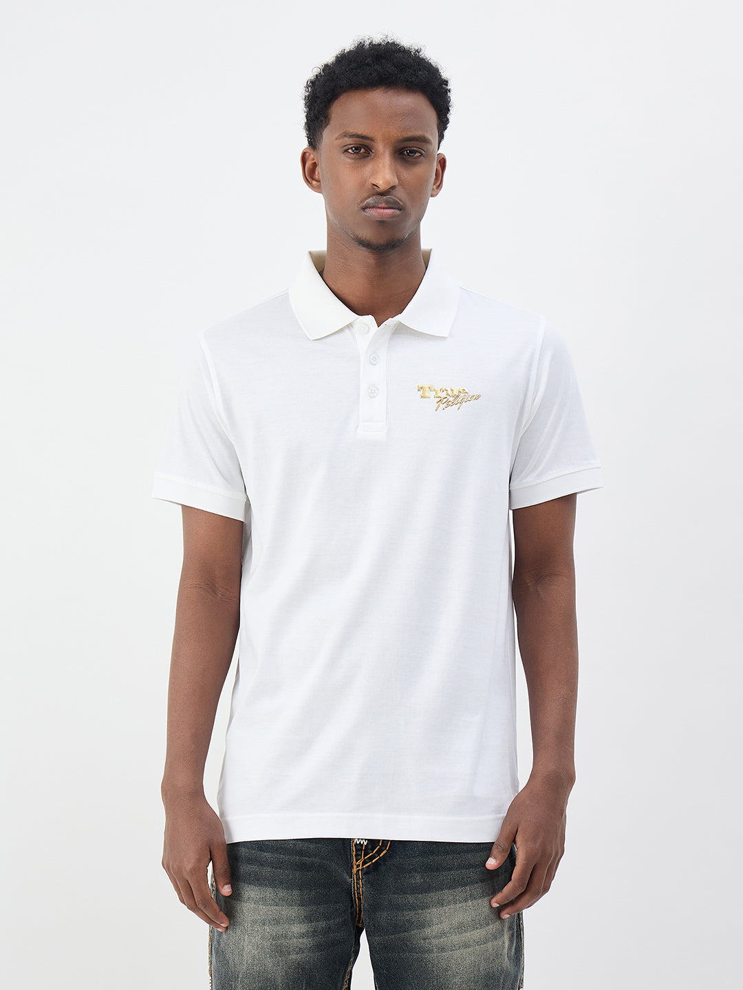 True Religion Men White Solid Regular Fit Pure Cotton Polo T-Shirt