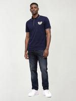 True Religion Men Navy Blue Solid Regular Fit Pure Cotton Polo T-Shirt