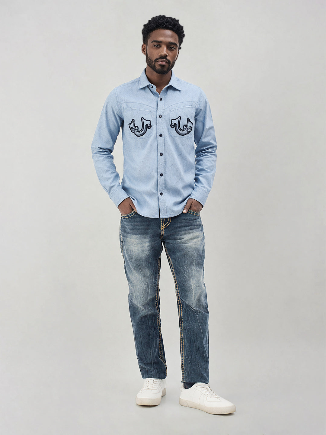 True Religion Men Blue Embroidered Regular Fit Shirt