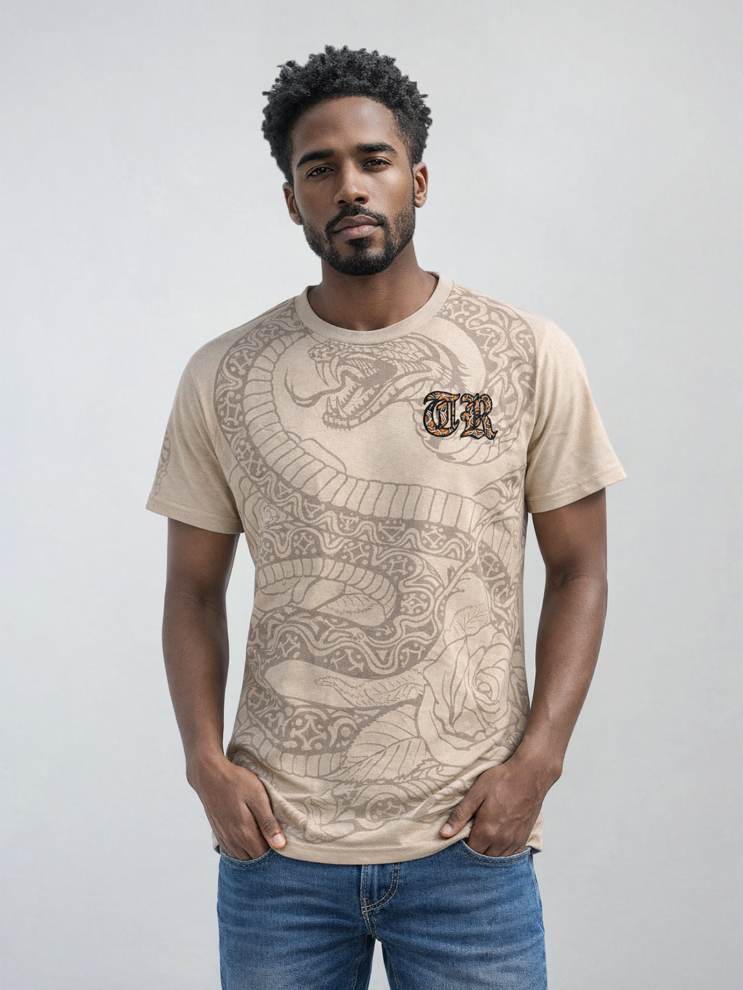 True Religion Men Beige Printed Regular Fit T-Shirt