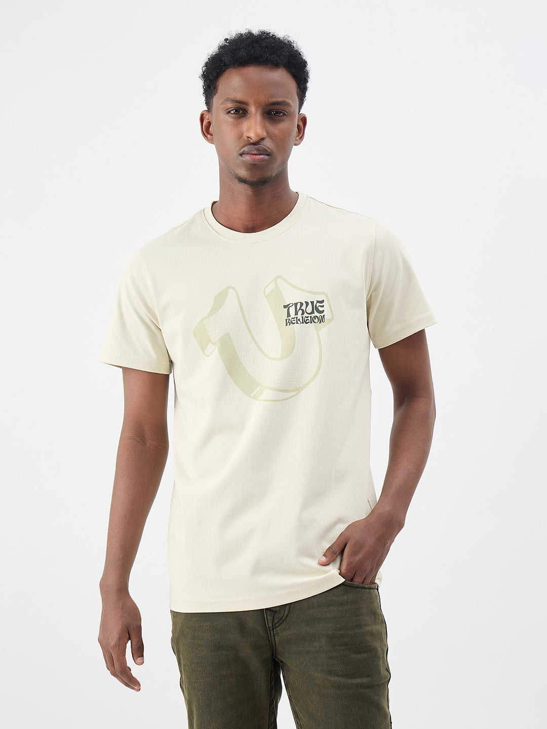 True Religion Men Cream Solid Regular Fit Pure Cotton T-Shirt