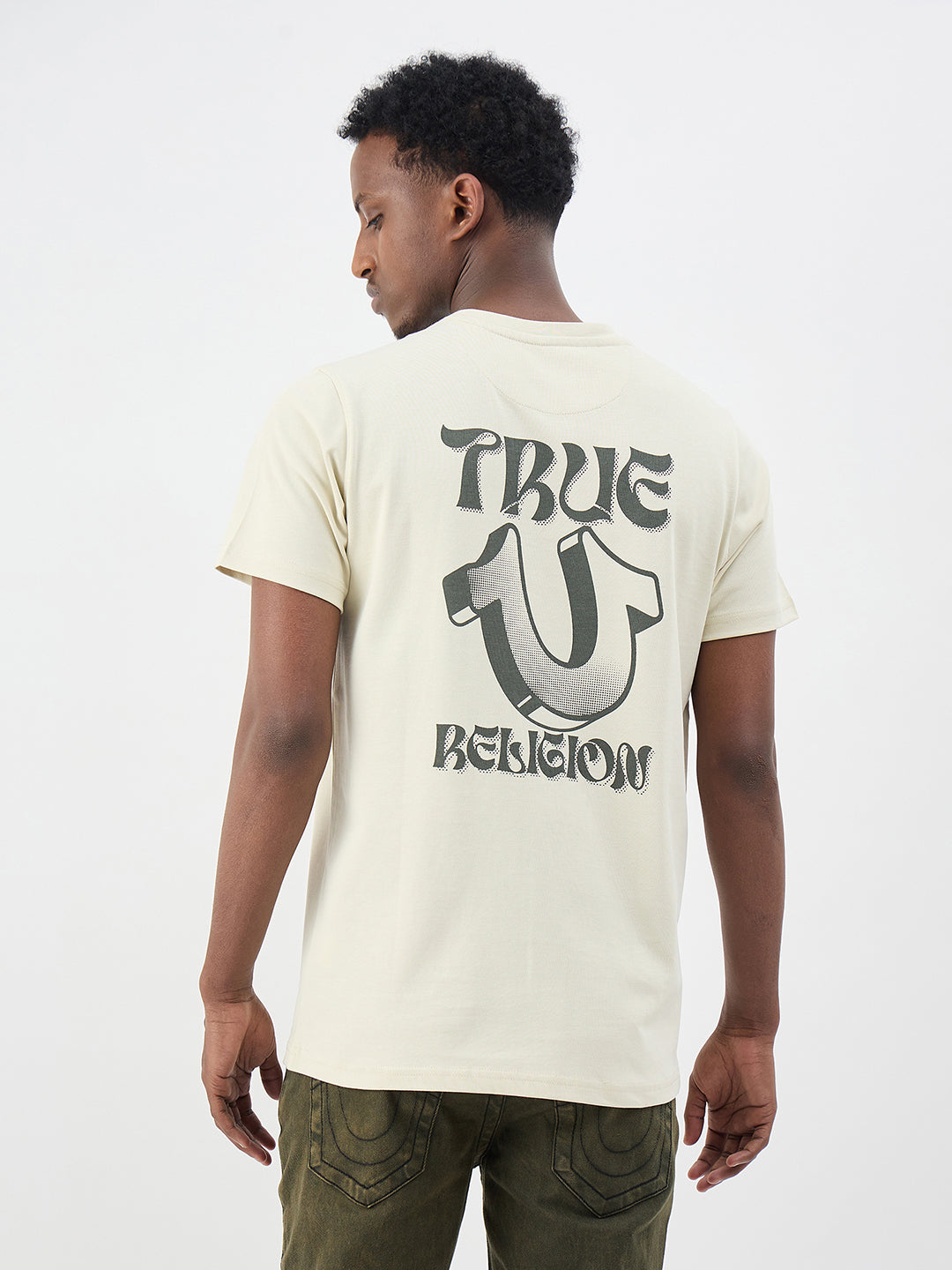 True Religion Men Cream Solid Regular Fit Pure Cotton T-Shirt