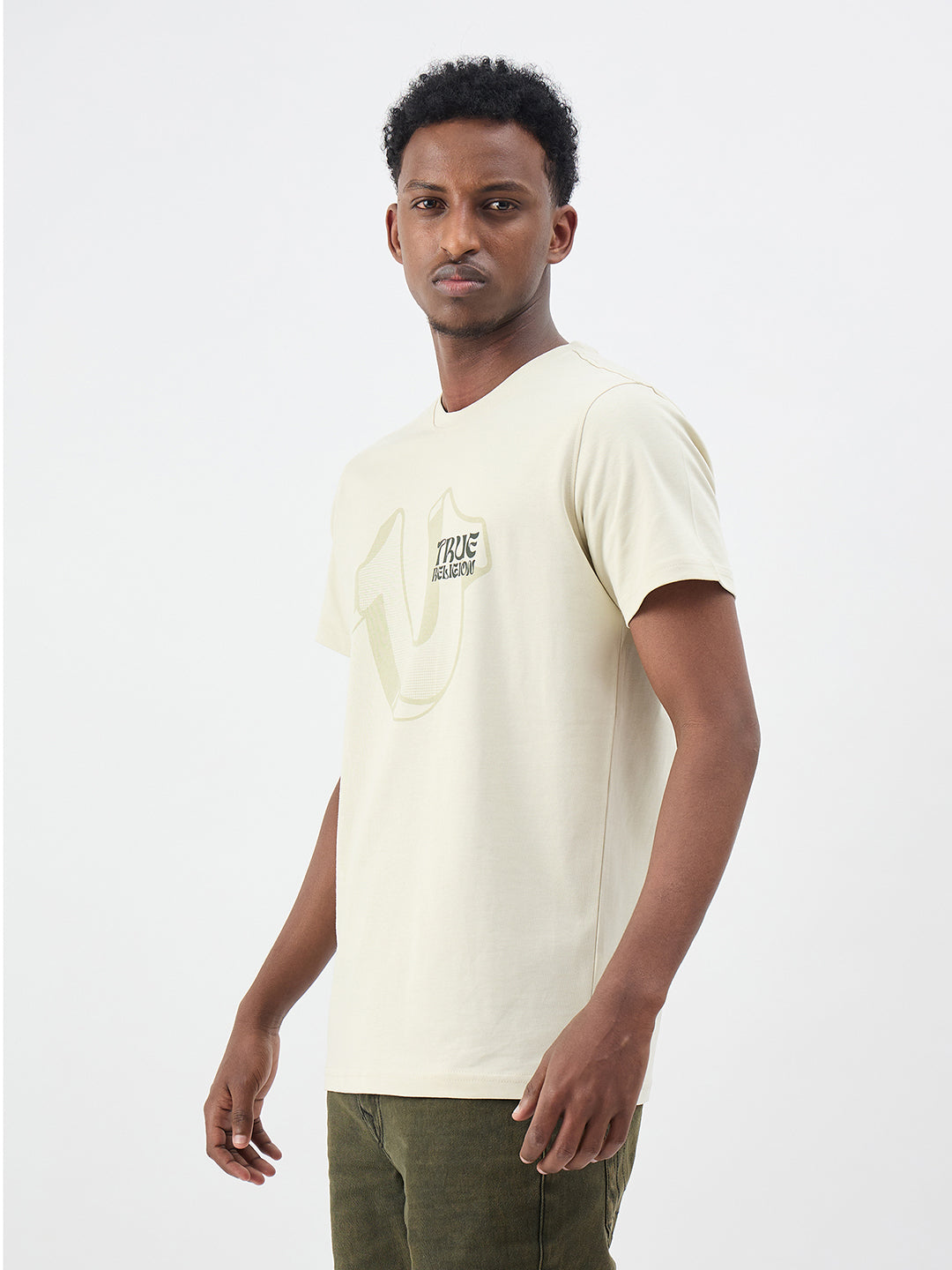 True Religion Men Cream Solid Regular Fit Pure Cotton T-Shirt