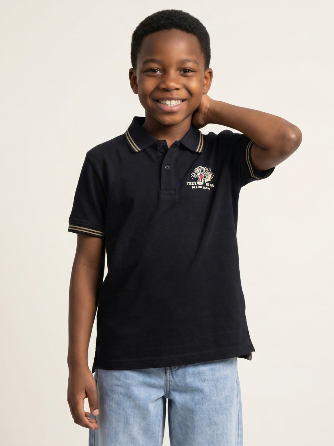 True Religion Boys Black Solid Regular Fit Pure Cotton Polo T-Shirt