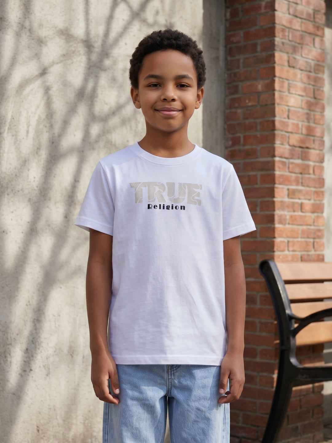 True Religion Boys Cream Solid Regular Fit Pure Cotton T-Shirt