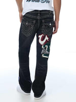 True Religion Men Black Embroidered Ricky BIG T Straight Fit Jeans