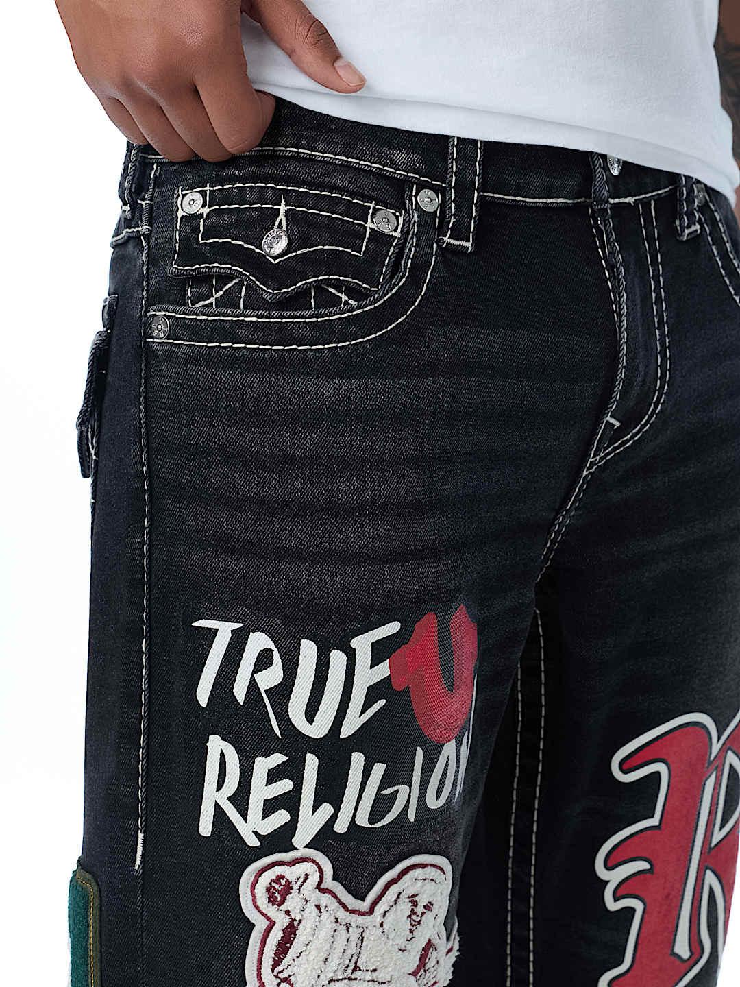 True Religion Men Black Embroidered Ricky BIG T Straight Fit Jeans
