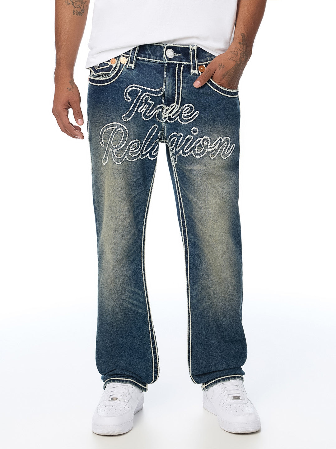 True Religion Men Blue Ricky Ropestitch Embroidered Straight Fit Jeans