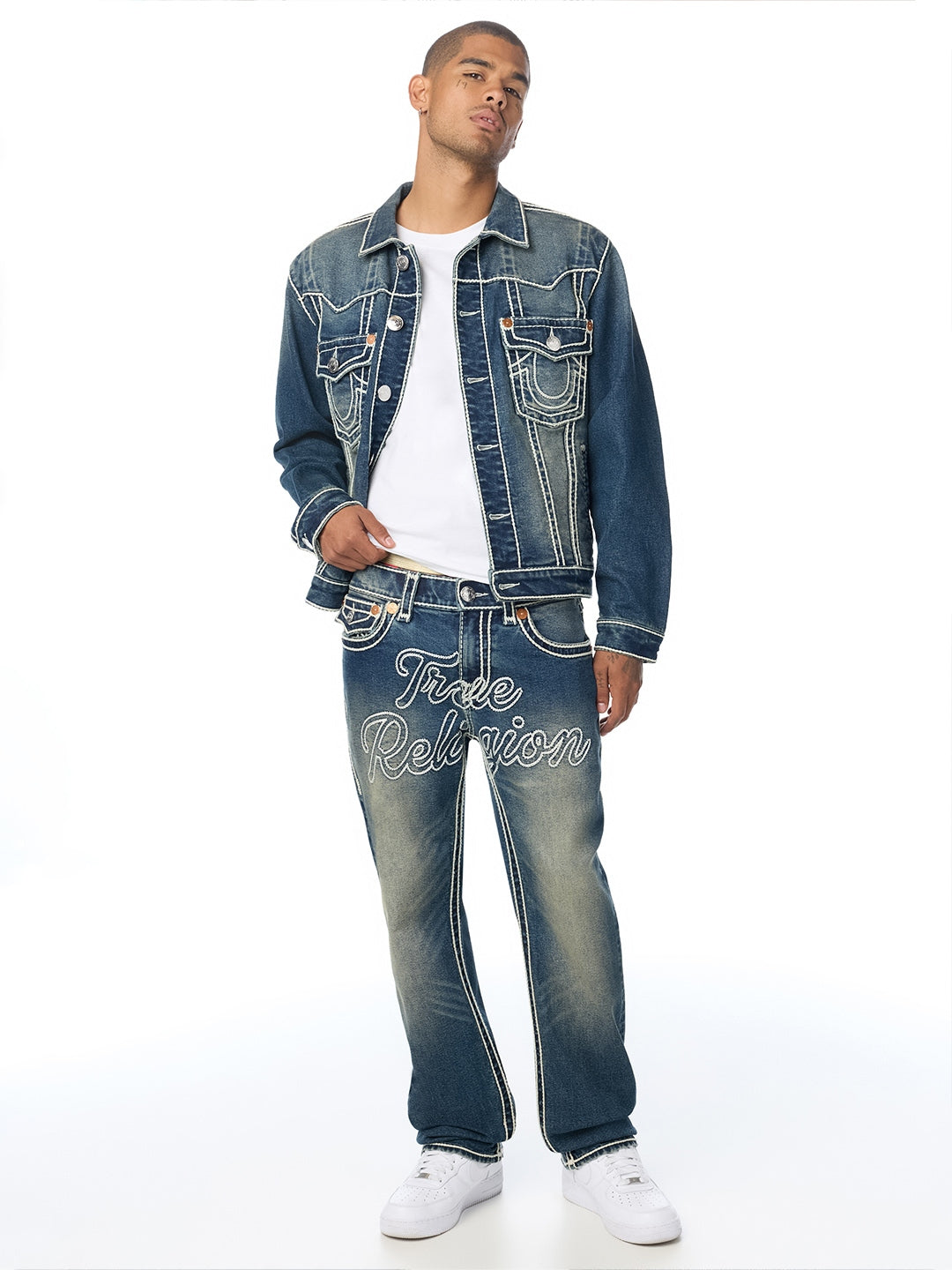 True Religion Men Blue Ricky Ropestitch Embroidered Straight Fit Jeans
