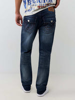 True Religion Men Blue Embroidered Ricky BIG T Straight Fit Jeans