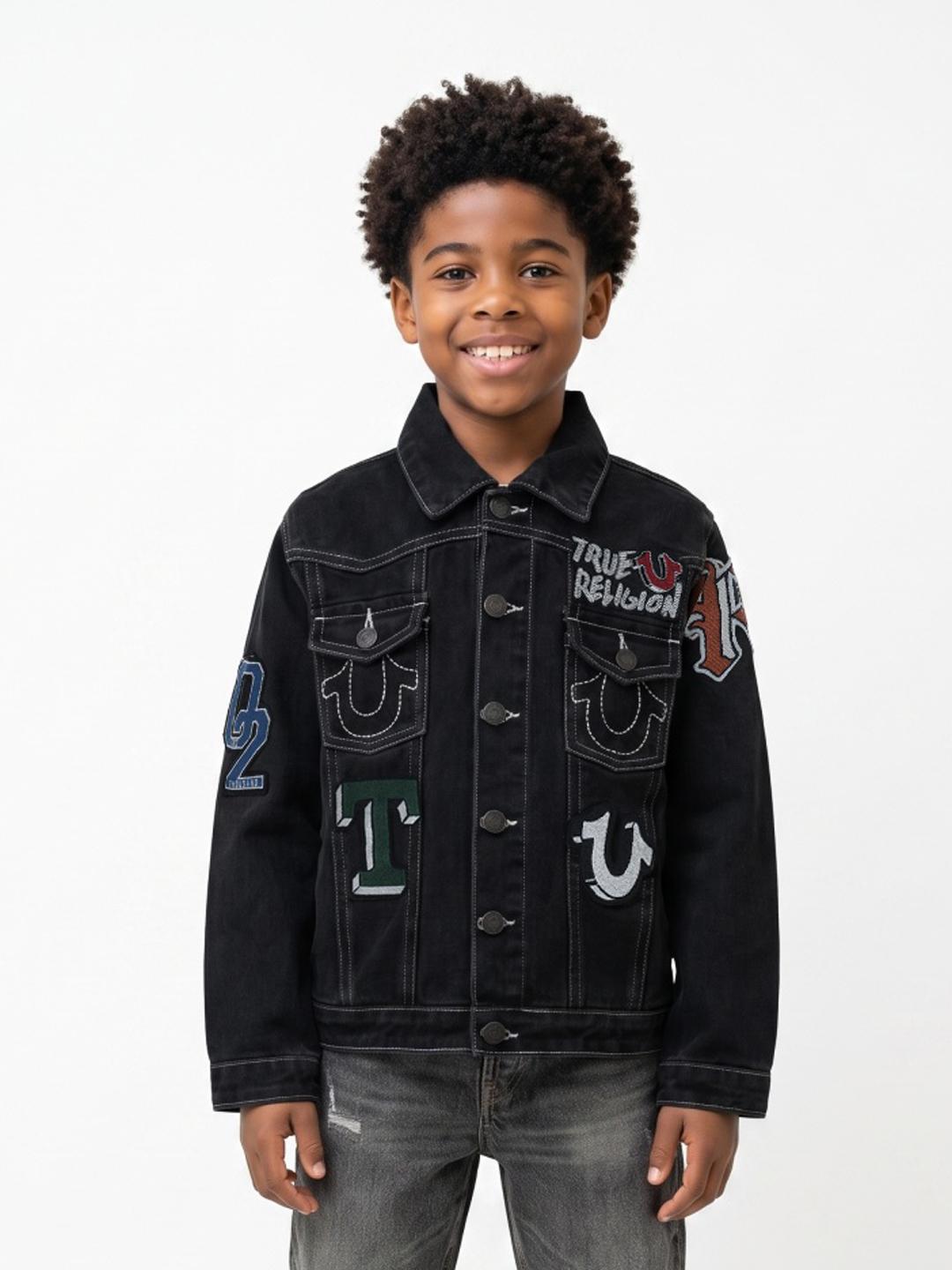 True Religion Boys Black Graphic Regular Fit Cotton Denim Jacket