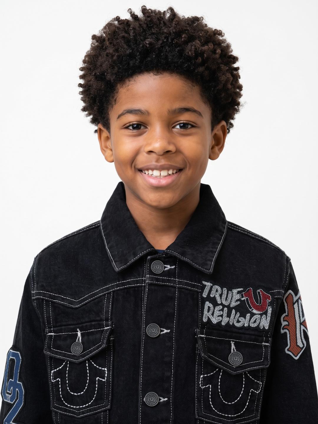 True Religion Boys Black Graphic Regular Fit Cotton Denim Jacket