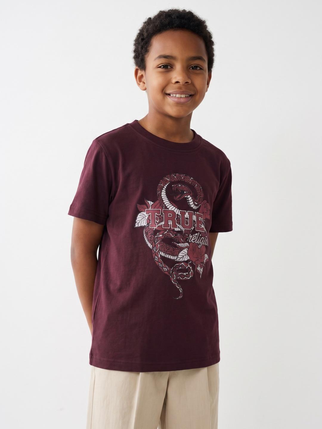 True Religion Boys Regular Fit Maroon Printed Pure Cotton Tshirt