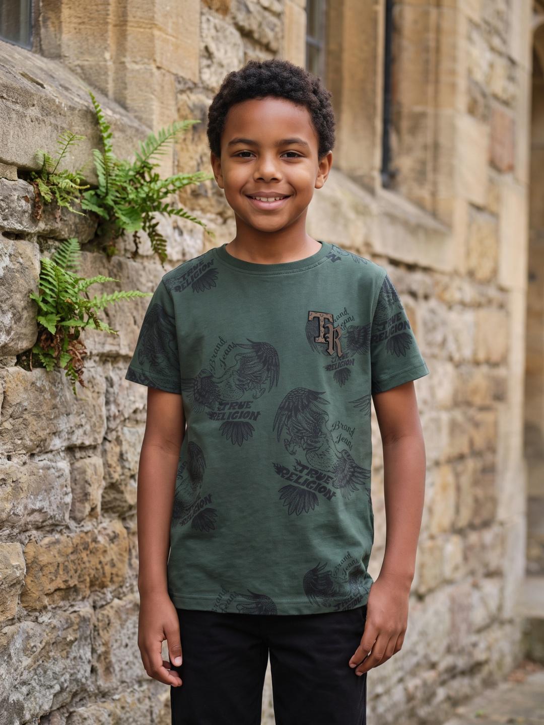 True Religion Green Regular Fit Printed Cotton Tshirt