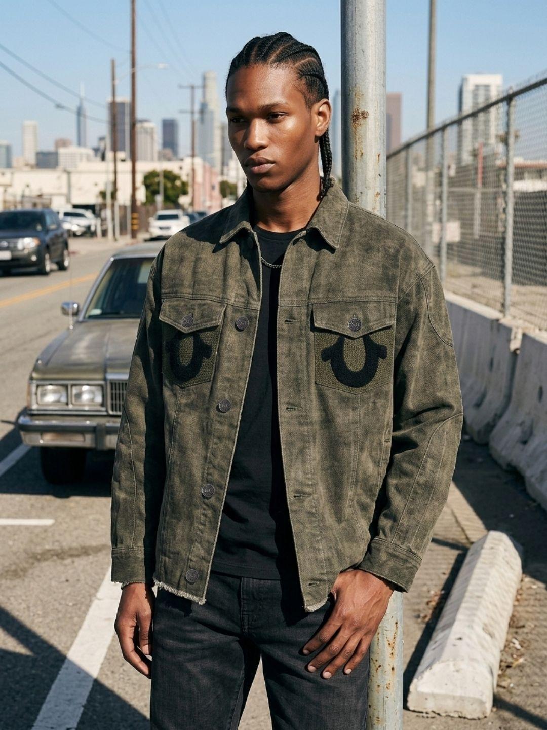 True Religion Men Olive Solid Regular Fit Cotton Denim Jacket
