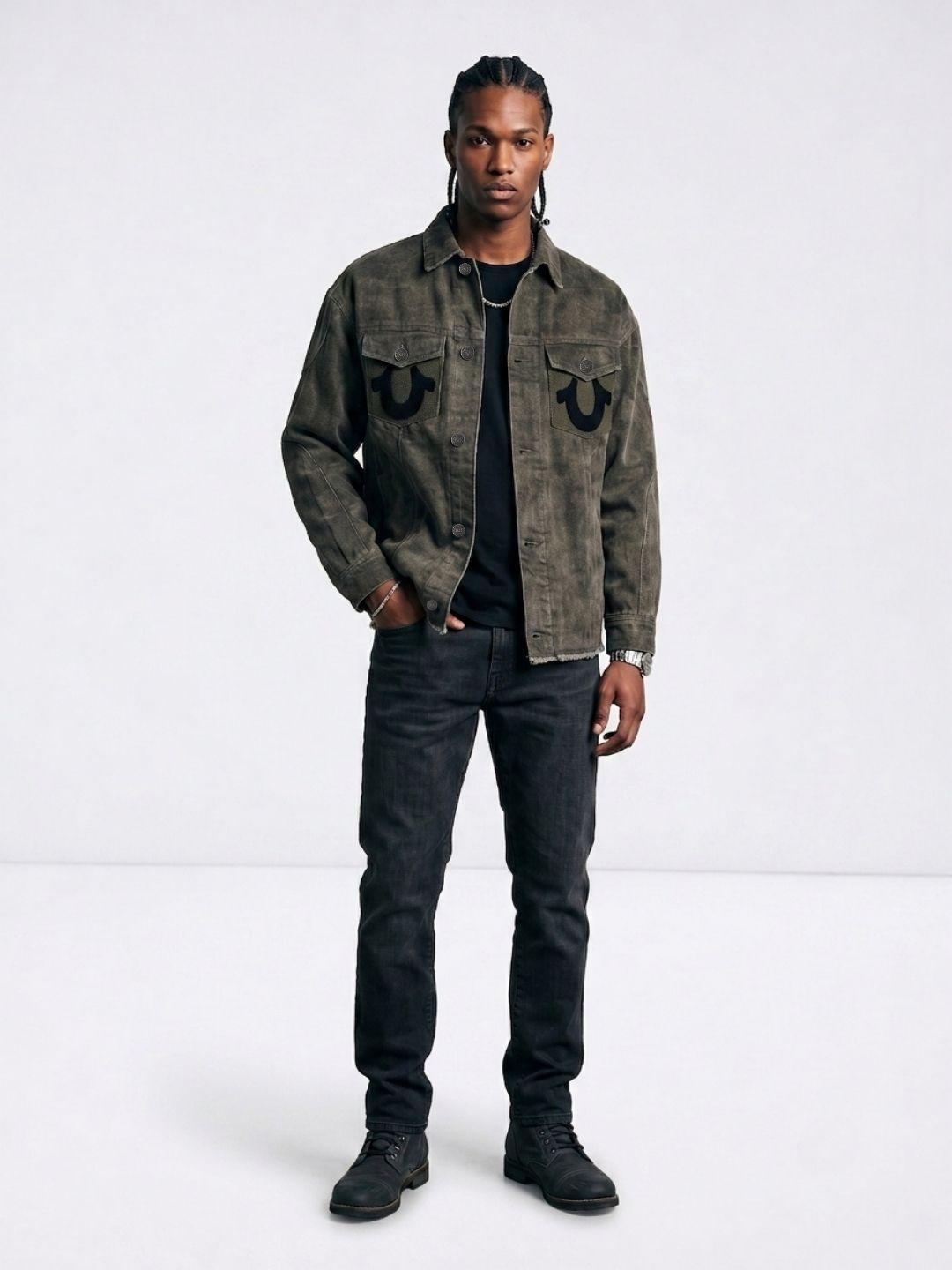 True Religion Men Olive Solid Regular Fit Cotton Denim Jacket