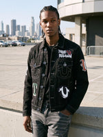 True Religion Men Black Embroidered Patch Detaling Denim Jacket