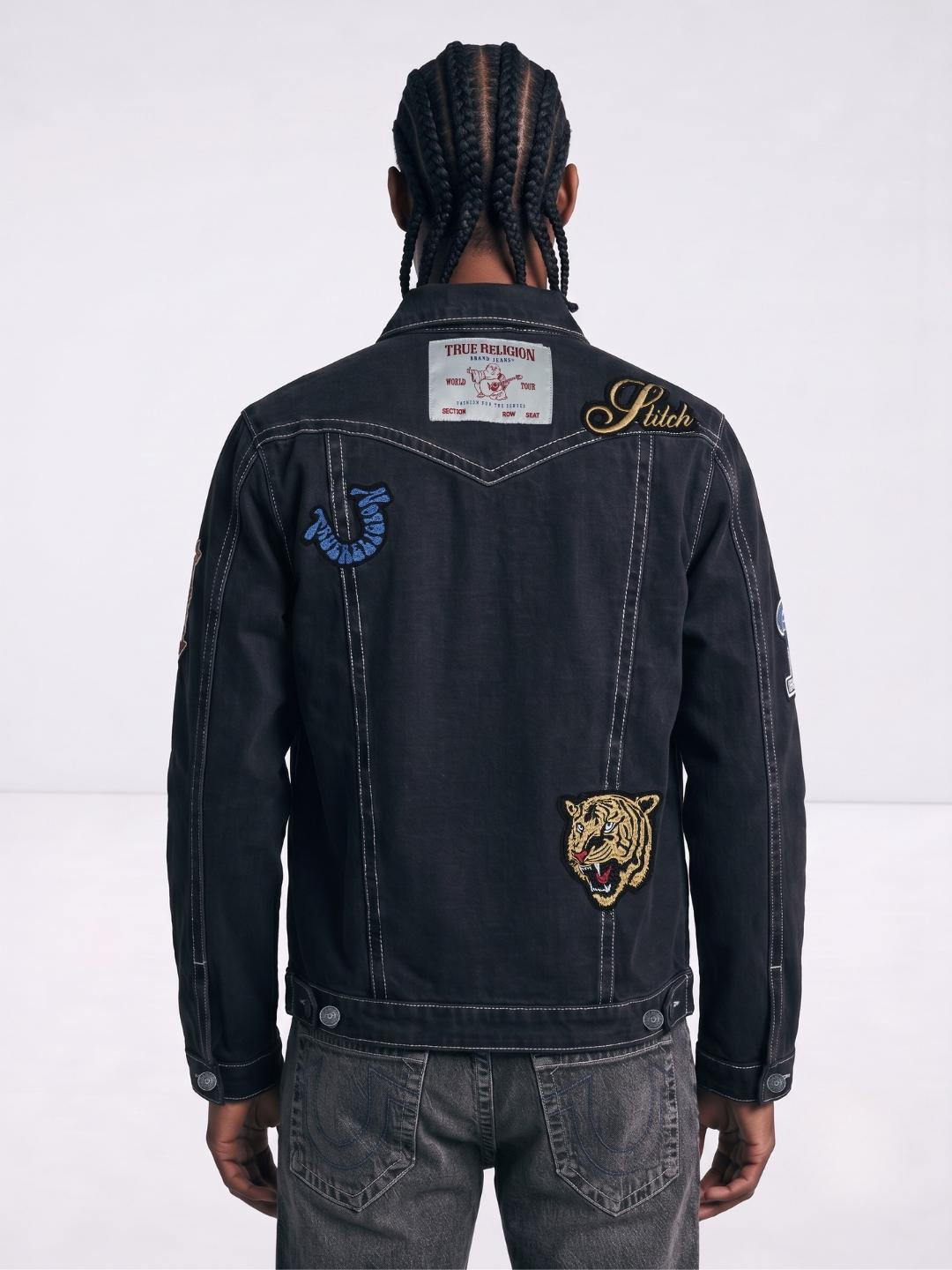 True Religion Men Black Embroidered Patch Detaling Denim Jacket