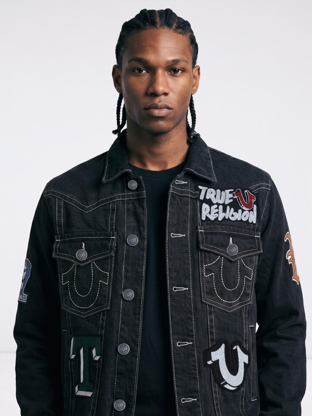 True Religion Men Black Embroidered Patch Detaling Denim Jacket