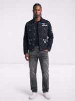 True Religion Men Black Embroidered Patch Detaling Denim Jacket