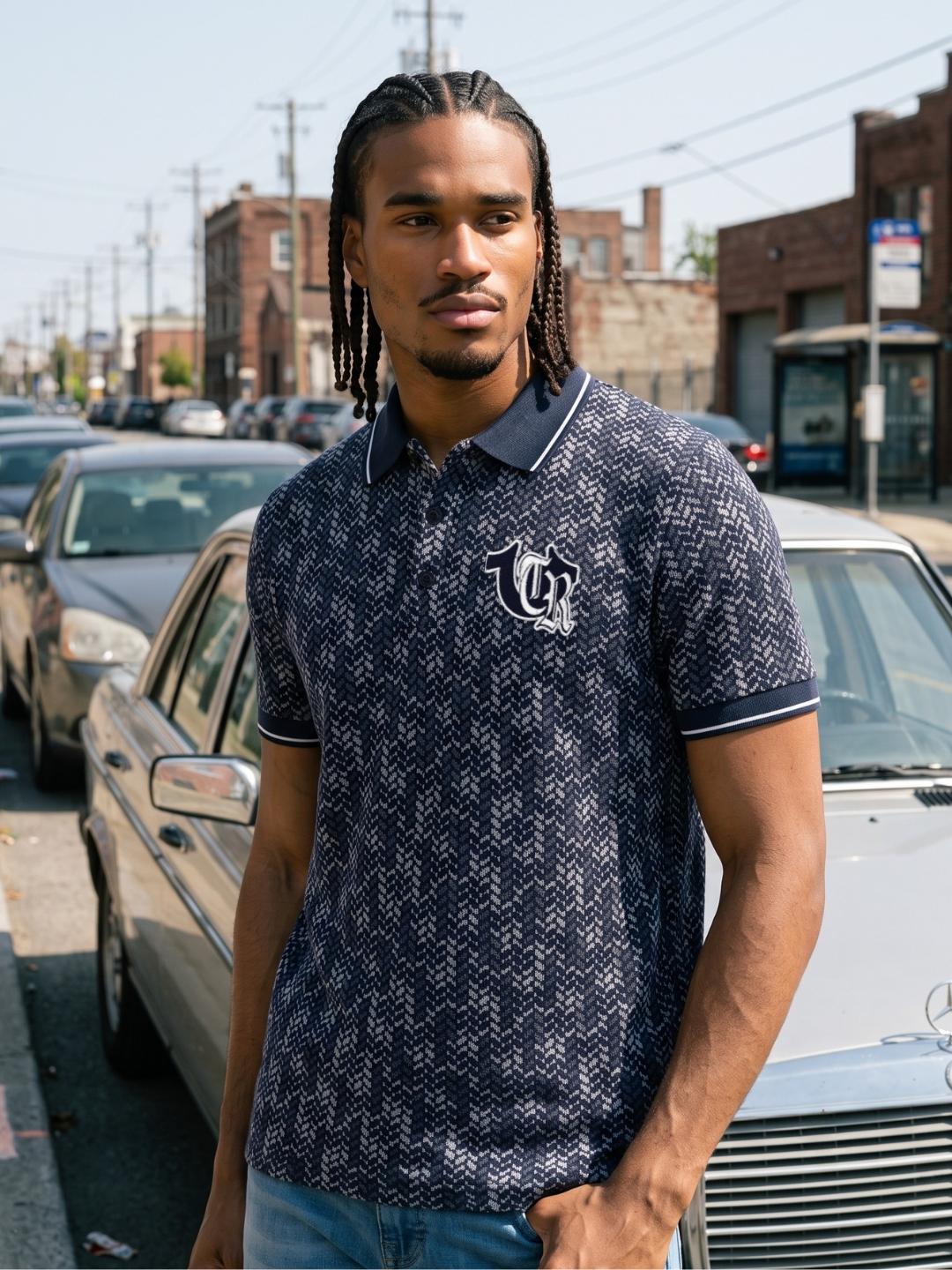 True Religion Men Navy Blue Regular Fit Jaquard Polo T-Shirt