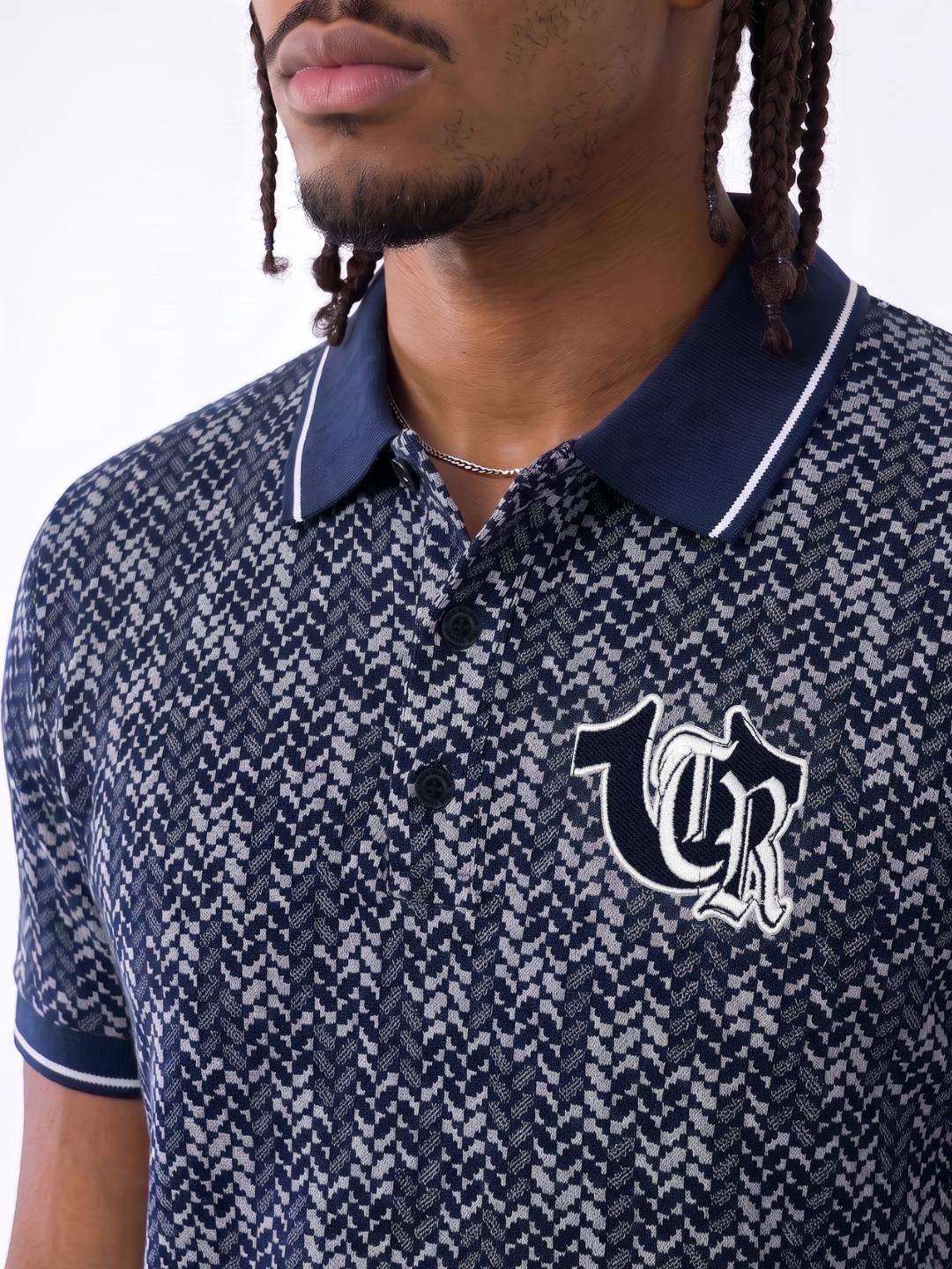 True Religion Men Navy Blue Regular Fit Jaquard Polo T-Shirt