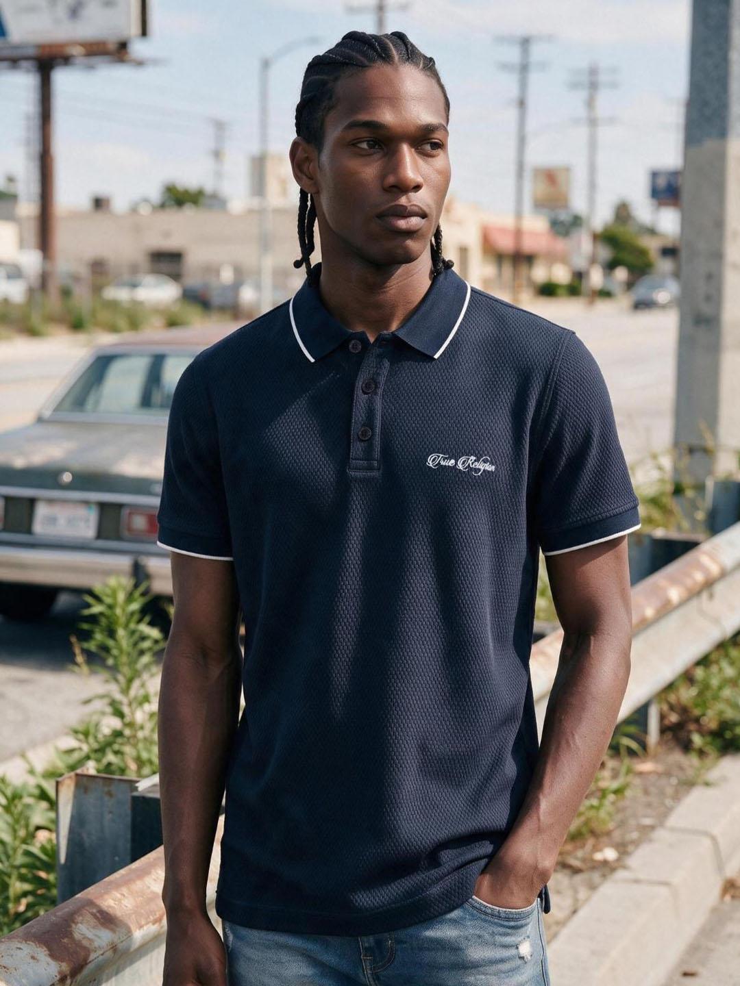 True Religion Men Navy Blue Solid Regular Fit Polo T-Shirt