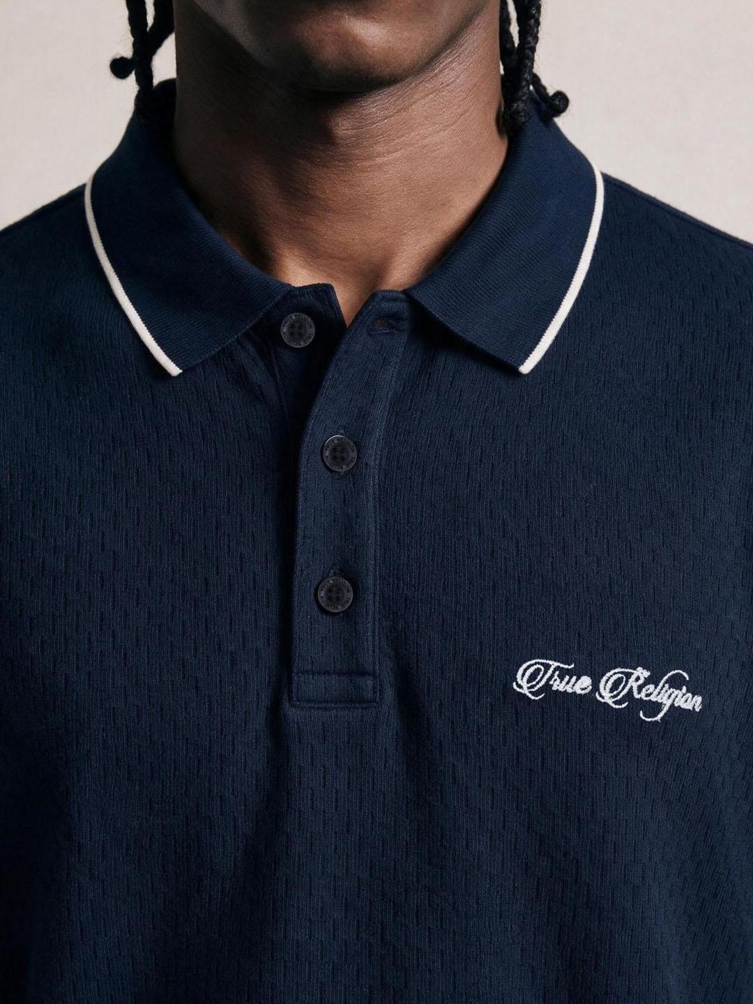 True Religion Men Navy Blue Solid Regular Fit Polo T-Shirt