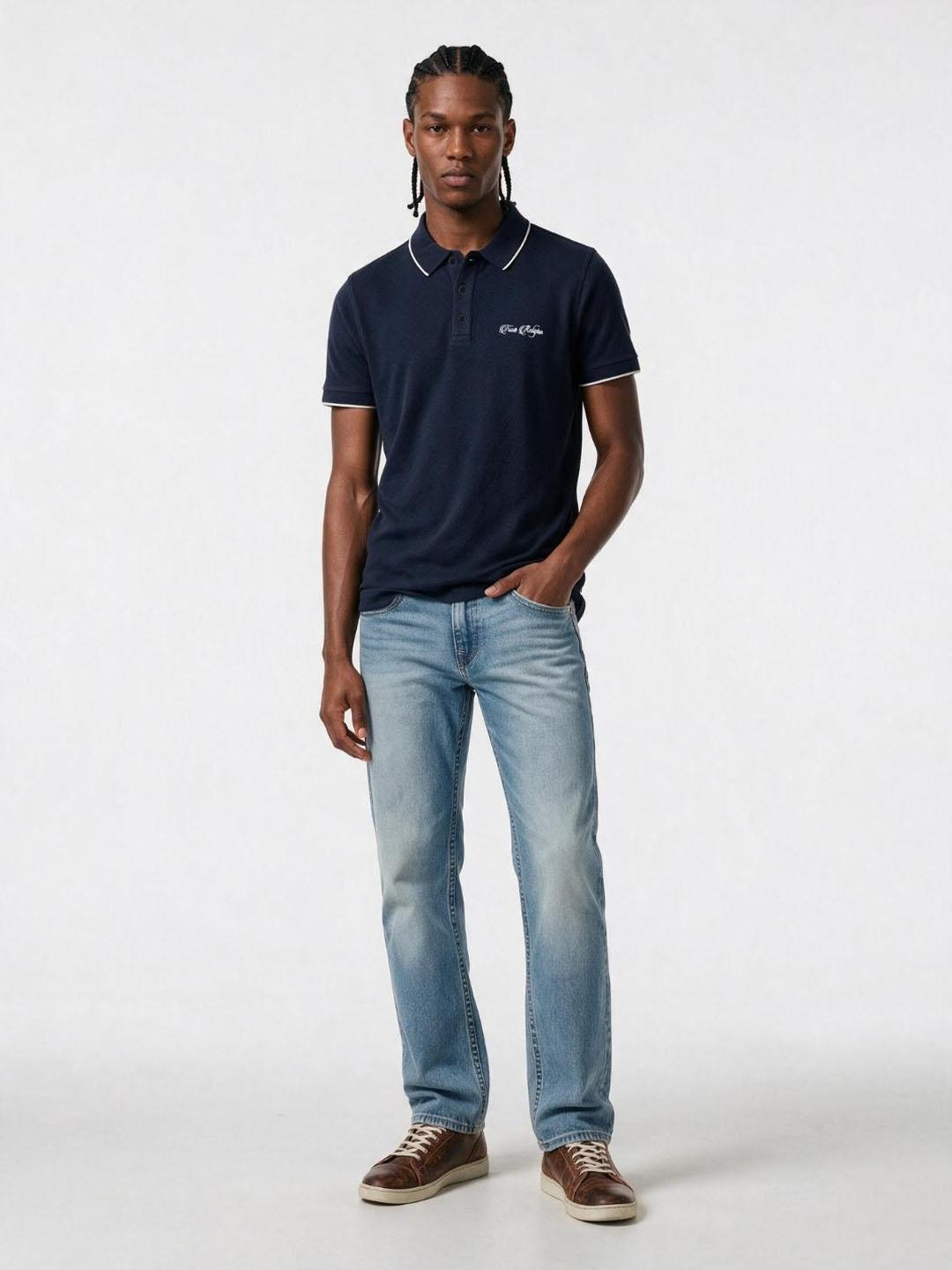 True Religion Men Navy Blue Solid Regular Fit Polo T-Shirt