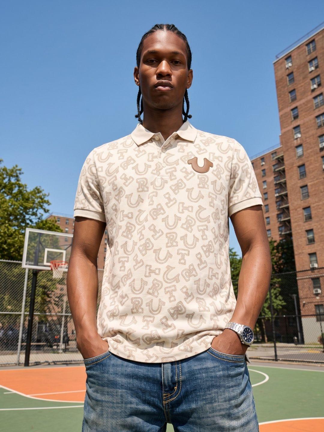 True Religion Off White Regular Fit Printed Pure Cotton Polo Tshirt