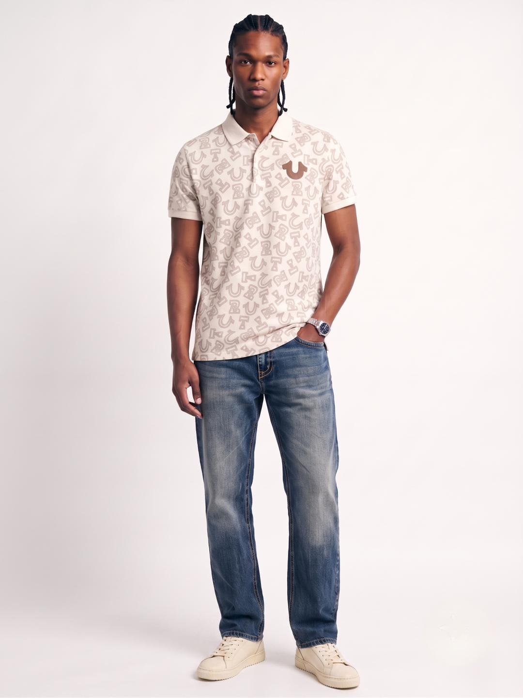 True Religion Off White Regular Fit Printed Pure Cotton Polo Tshirt