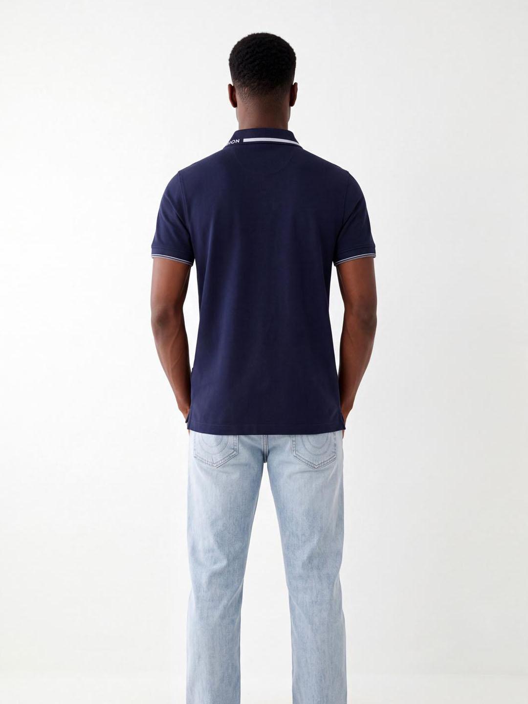 True Religion Men Navy Blue Solid Regular Fit Cotton Polo T-Shirt