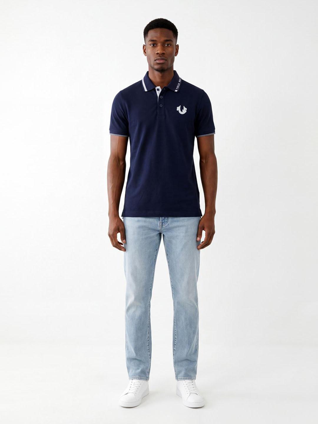 True Religion Men Navy Blue Solid Regular Fit Cotton Polo T-Shirt