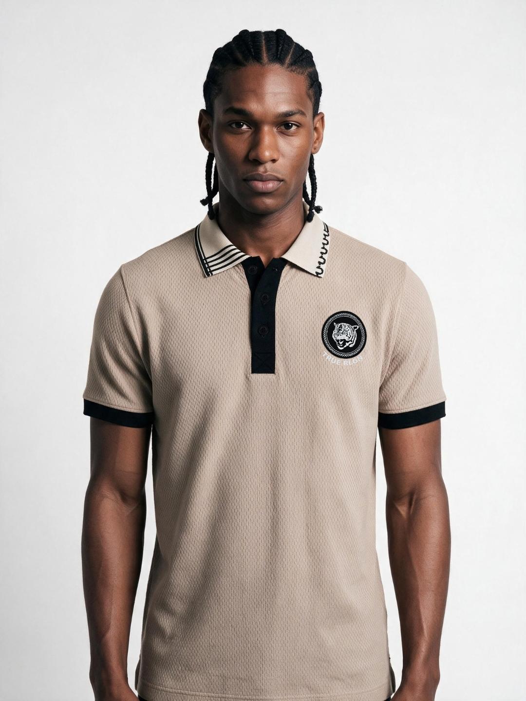 True Religion Men Beige Solid Regular Fit Polo T-Shirt
