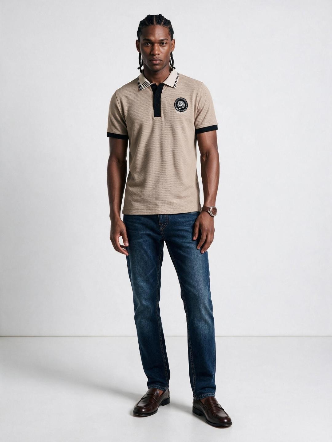 True Religion Men Beige Solid Regular Fit Polo T-Shirt